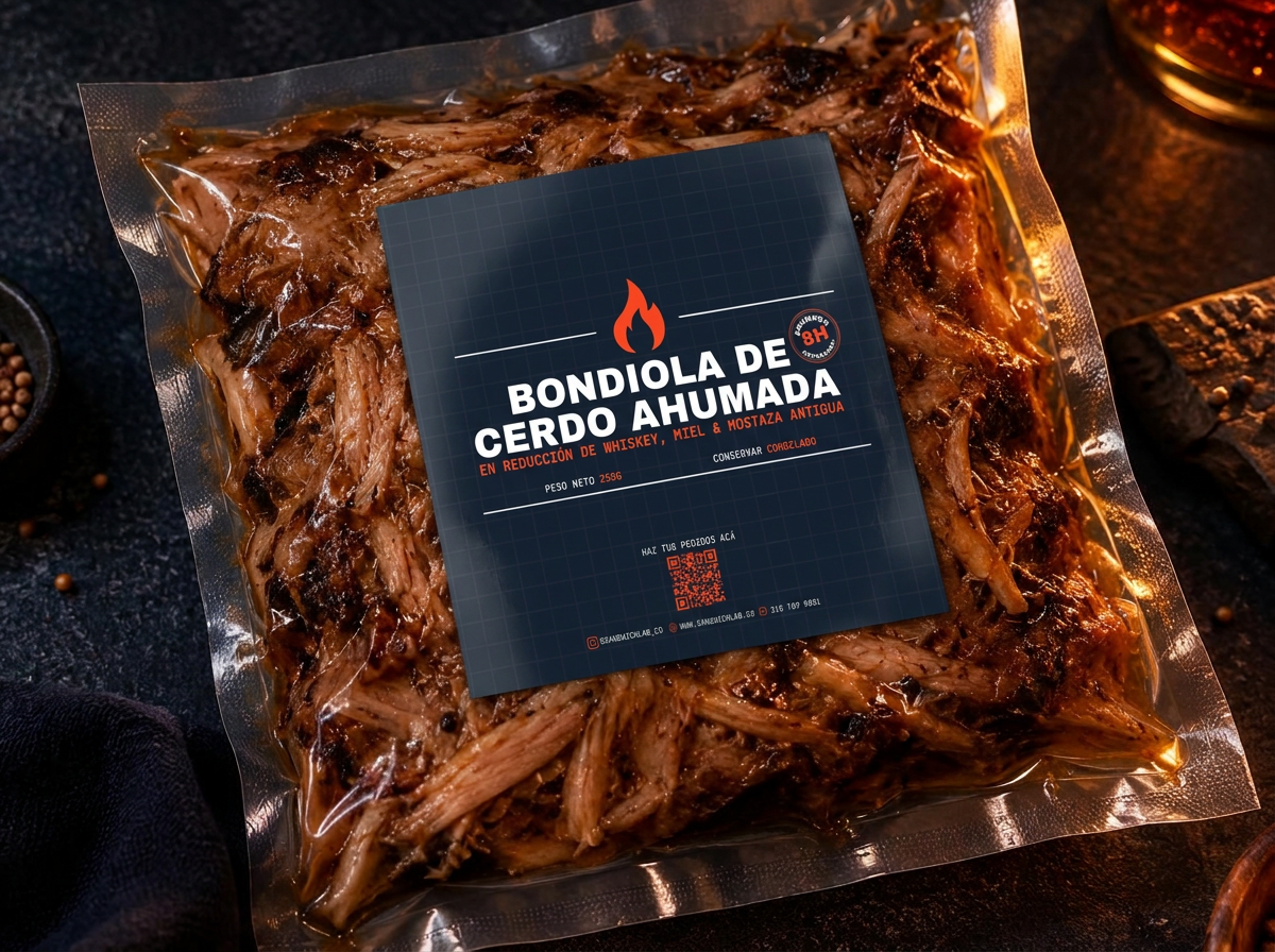 Bondiola desmechada al whiskey empacada al vacío