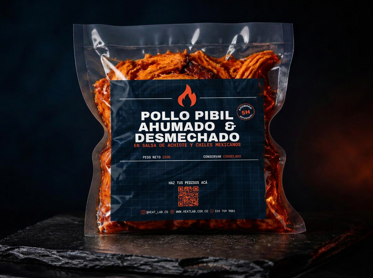 Pollo pibil ahumado desmechado empacada al vacío