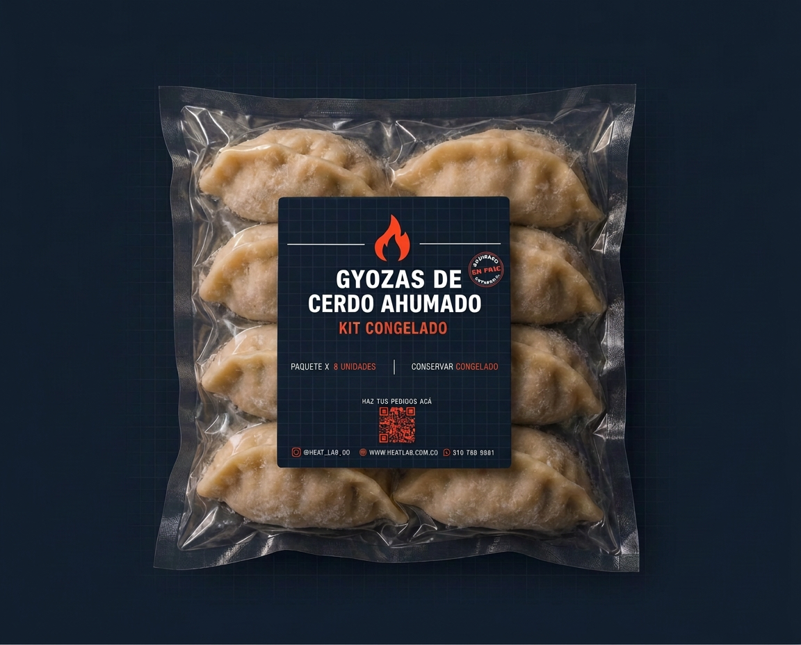 GYOZAS DE CERDO AHUMADO EN FRÍO (CONGELADAS AL VACÍO) empacadas al vacío con sus salsas
