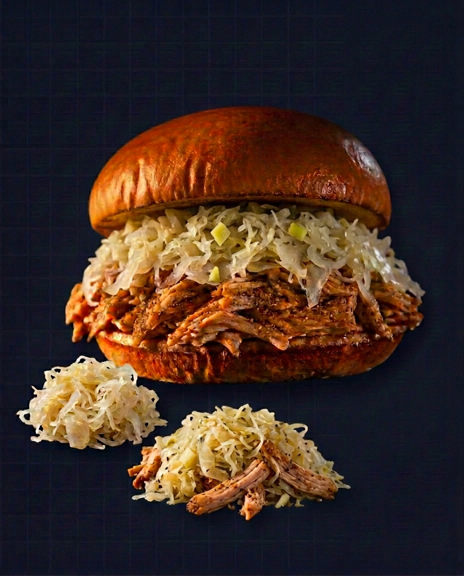 Smoked Pulled Chicken, Chucrut & Mango Biche listo para servir