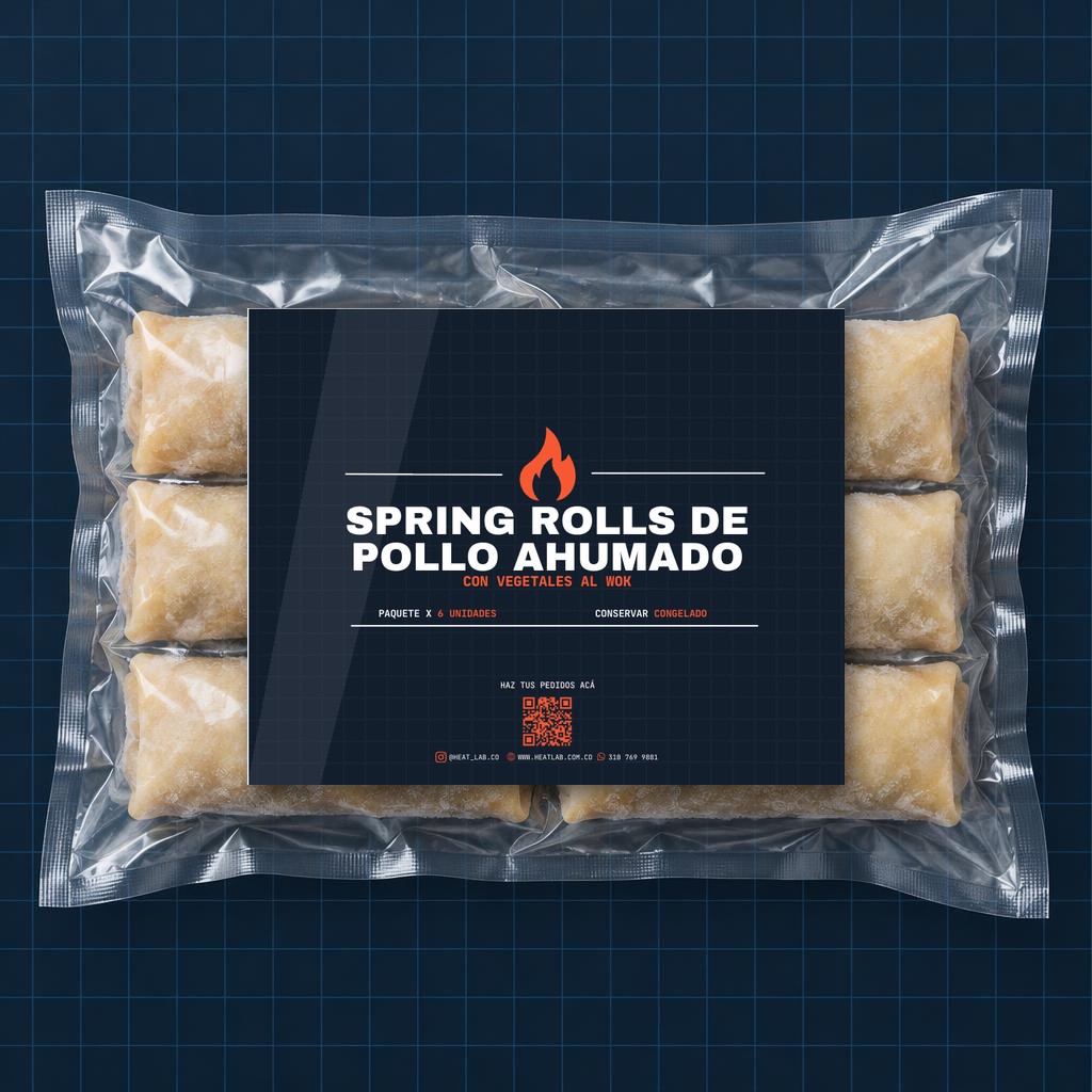 SPRING ROLLS DE POLLO AHUMADO CON VEGETALES AL WOK (PAQUETE X 6 UNIDADES) empacadas al vacío con sus salsas
